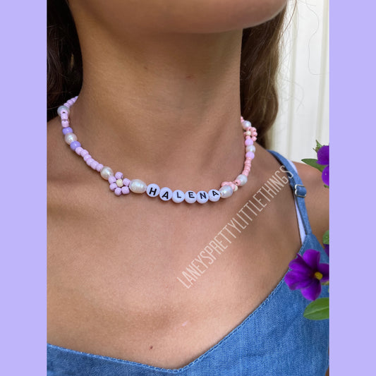 Necklace - Name choker with large fresh water pearls and flowers